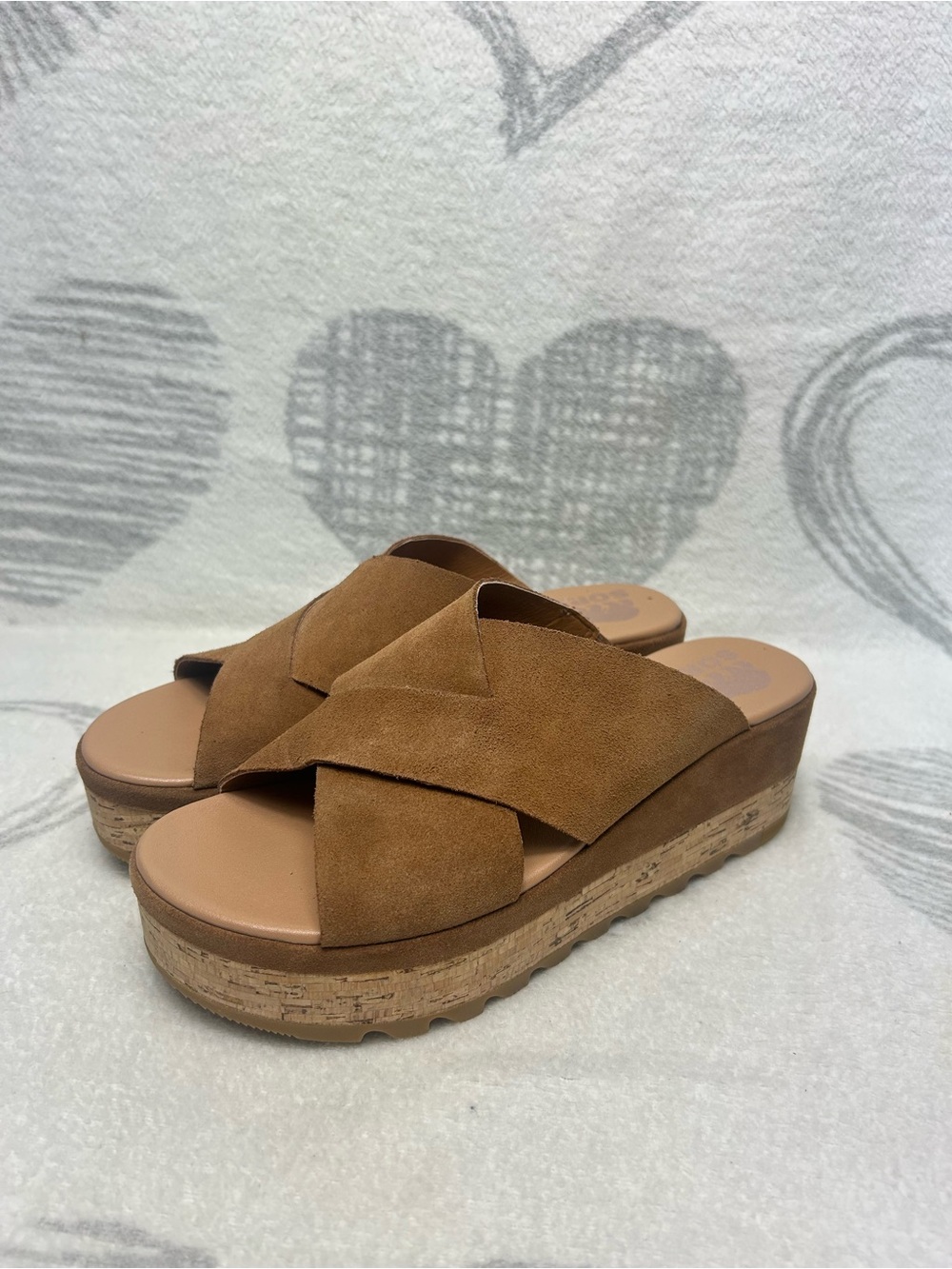 SOREL Cameron Flatform Tan Suede Leather Cork Sole Platform Slide Sandals Size 7